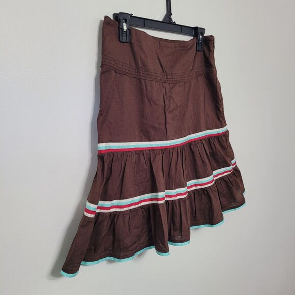 American Eagle Y2K Brown Tiered Ruffle Skirt Cotton Ribbon Trim Boho Sz 4 - Picture 1 of 5